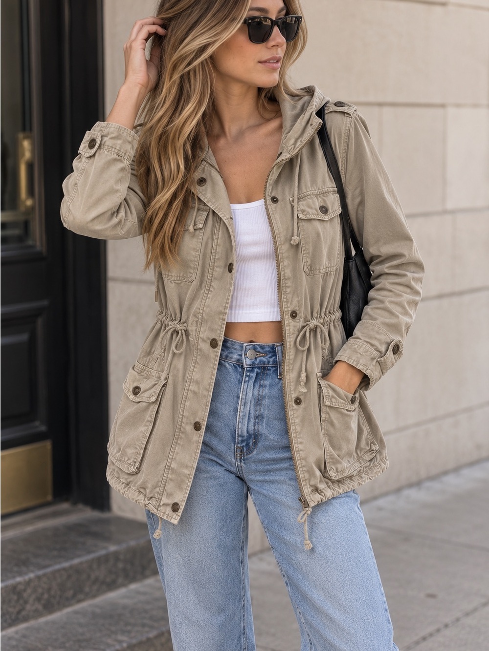 Bluenotes 2010s Beige Military Utility Cargo Hooded Field Jacket Size S - Picture 1 of 9
